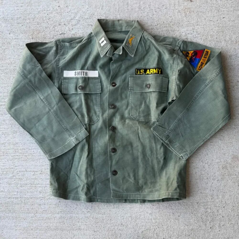 Vtg 60s Vietnam War US Army OG-107 Cotton Sateen Shirt 49th Armored Lone Star